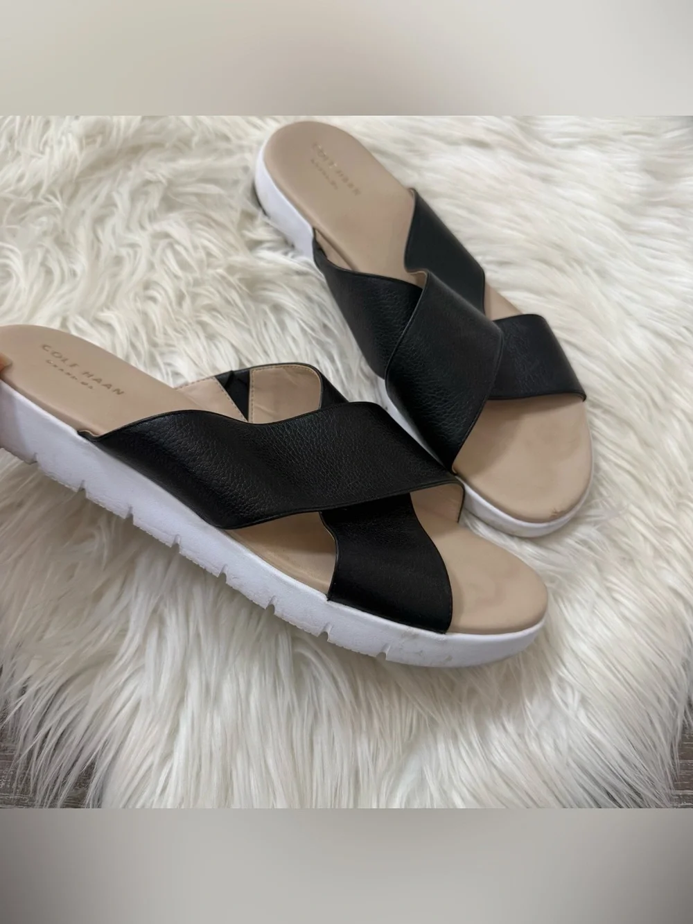 Cole Haan ZerøGrand Criss Cross Leather Slide Sandals Black White Comfort 10.5